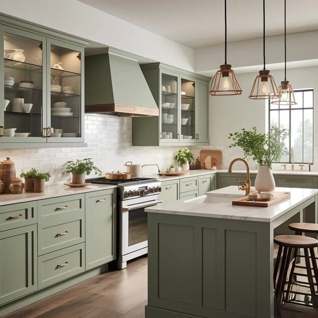 Kitchen with marble island and sage cabinets — Jim Cabinets and More LLC, Houston, Texas (nationwide service)
