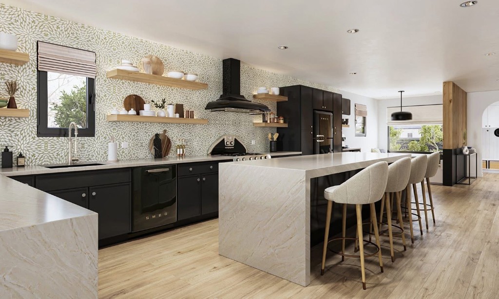 Kitchen with waterfall island countertop, veined stone, and black cabinets — Jim Cabinets and More LLC, Houston, Texas (nationwide service)