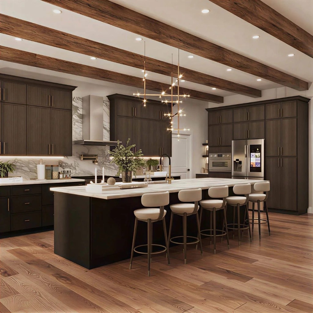 Luxury kitchen with dark wood cabinets, marble island and backsplash, and exposed beams — Jim Cabinets and More LLC, Houston, Texas (nationwide service)